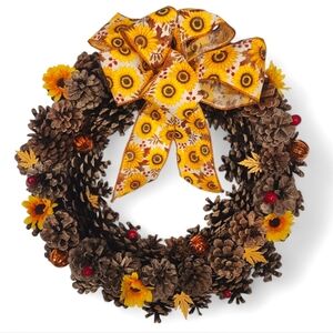 Autumn Pinecone Wreath with Sunflower Bow